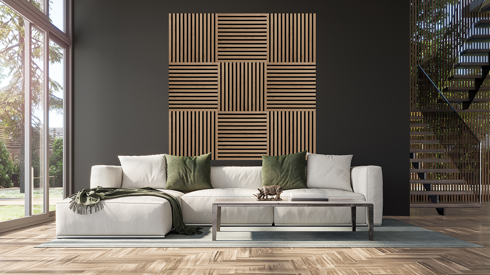 Modern,Interior,Design,With,Staircase,And,Empty,Black,Mock,Up PREMIUM Akoestisch paneel